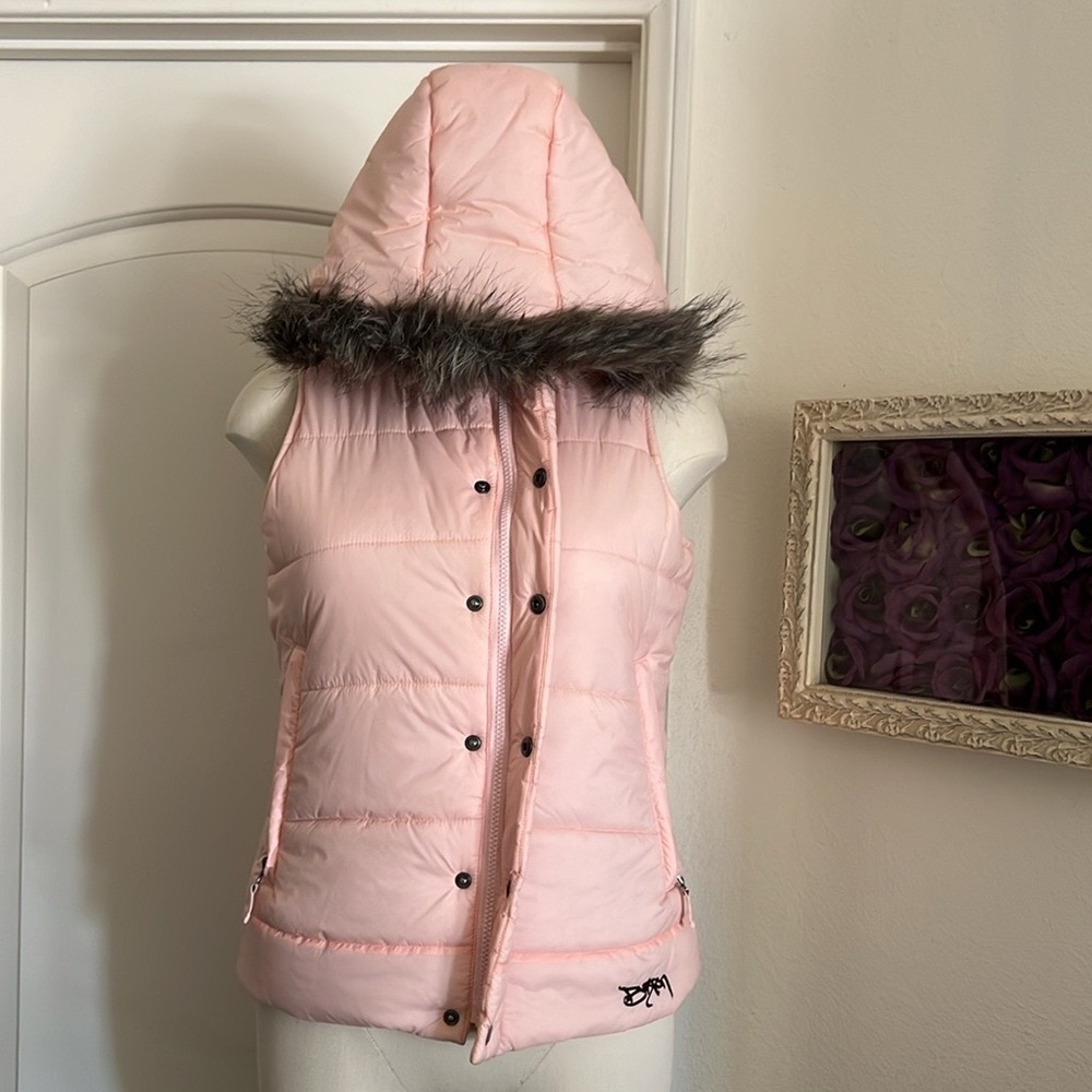 Burton~Puffy Vest / Pink With Faux Fur removable Hood - Picture 3 of 15